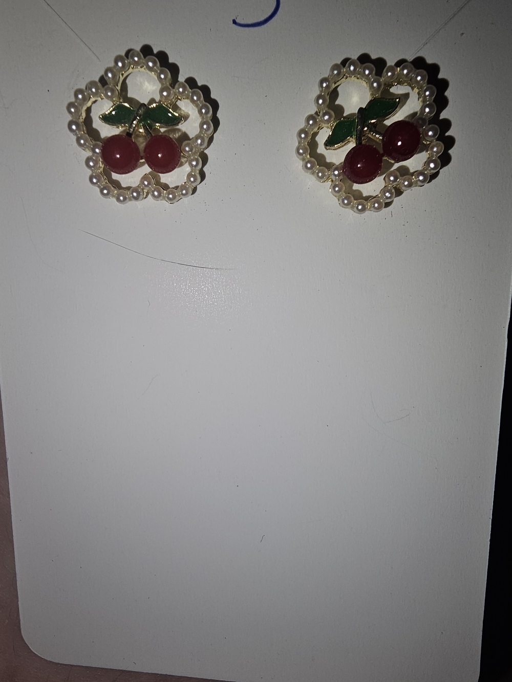 Pearl Trim Cherry Stud Earrings - Red & Green